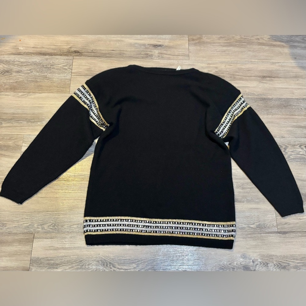 VINTAGE 80’s Bob Mackie Knits rhinestone trim black gold cashmere sweater Sz L